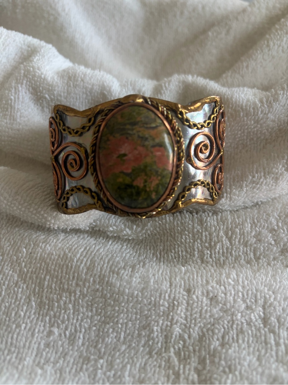 Handcrafted Copper and Silver Cuff Bracelet with Pink and Green Stone